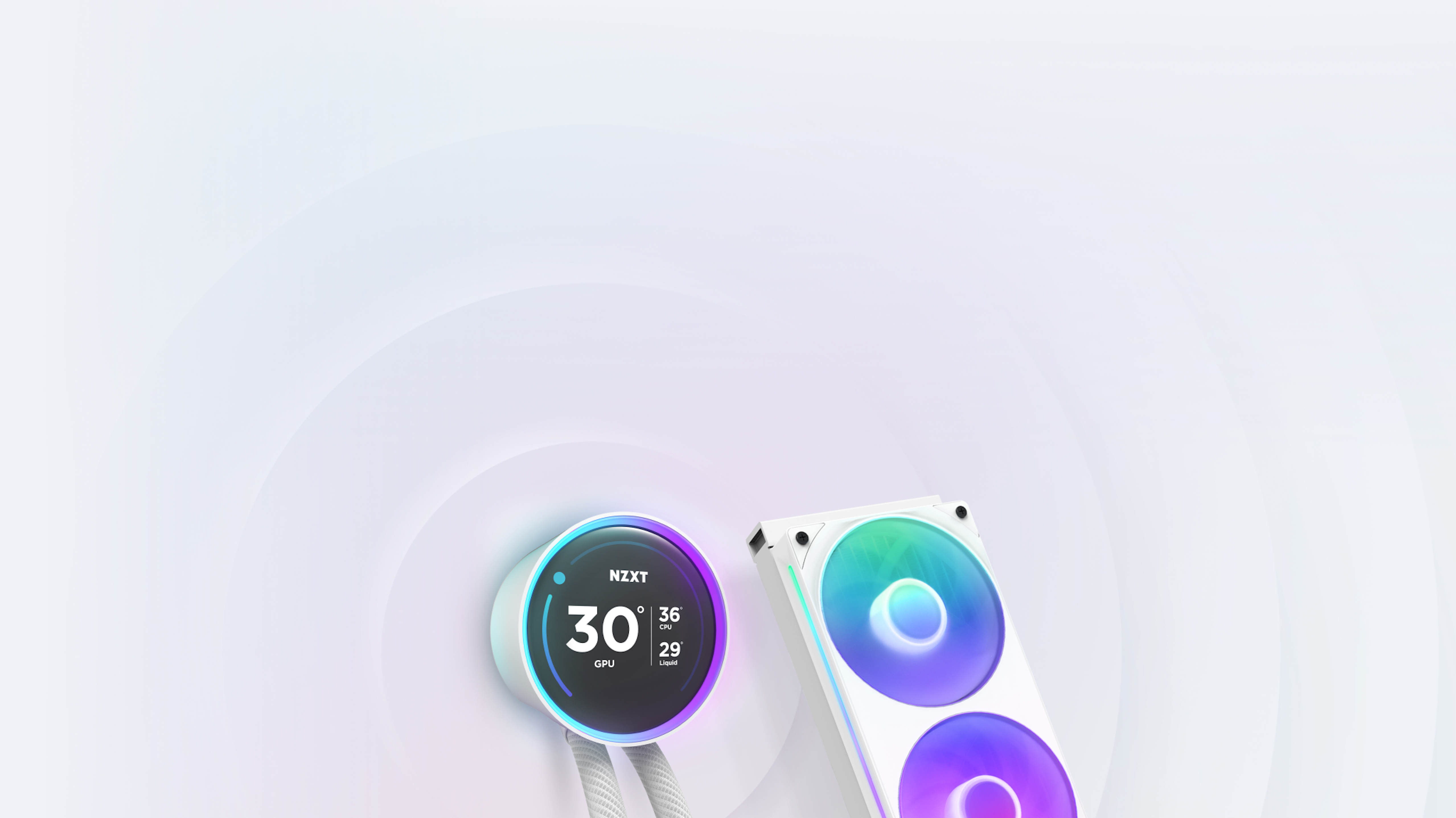 White Kraken Elite with Single-frame RGB Fans on circular gradient background